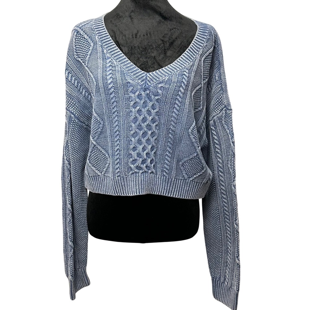 Aeropostale Blue‎ Cable Knit Cropped Sweater V-Neck Long Sleeve Size L